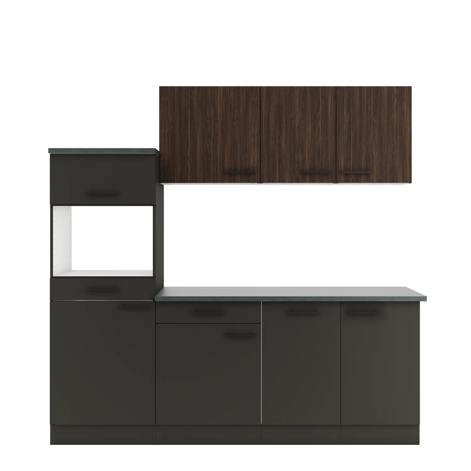 Küchenzeile OPTIFIT Madrid / Rimini ohne Geräte 210 cm Anthrazit & Nussbaum Rillendekor