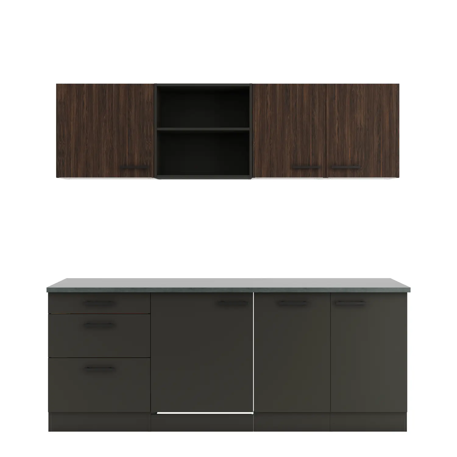 Küchenzeile Madrid / Rimini ohne Geräte 210 cm Anthrazit & Rillendekor Nussbaum