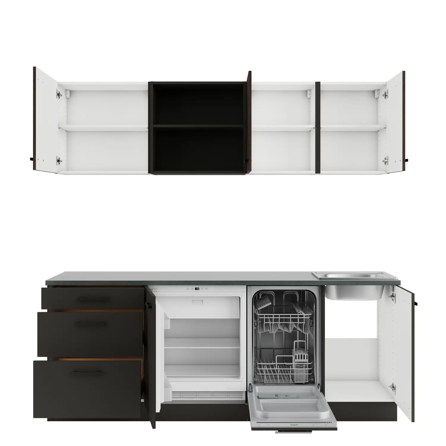 Küchenzeile Madrid / Rimini ohne Geräte 210 cm Anthrazit & Rillendekor Nussbaum