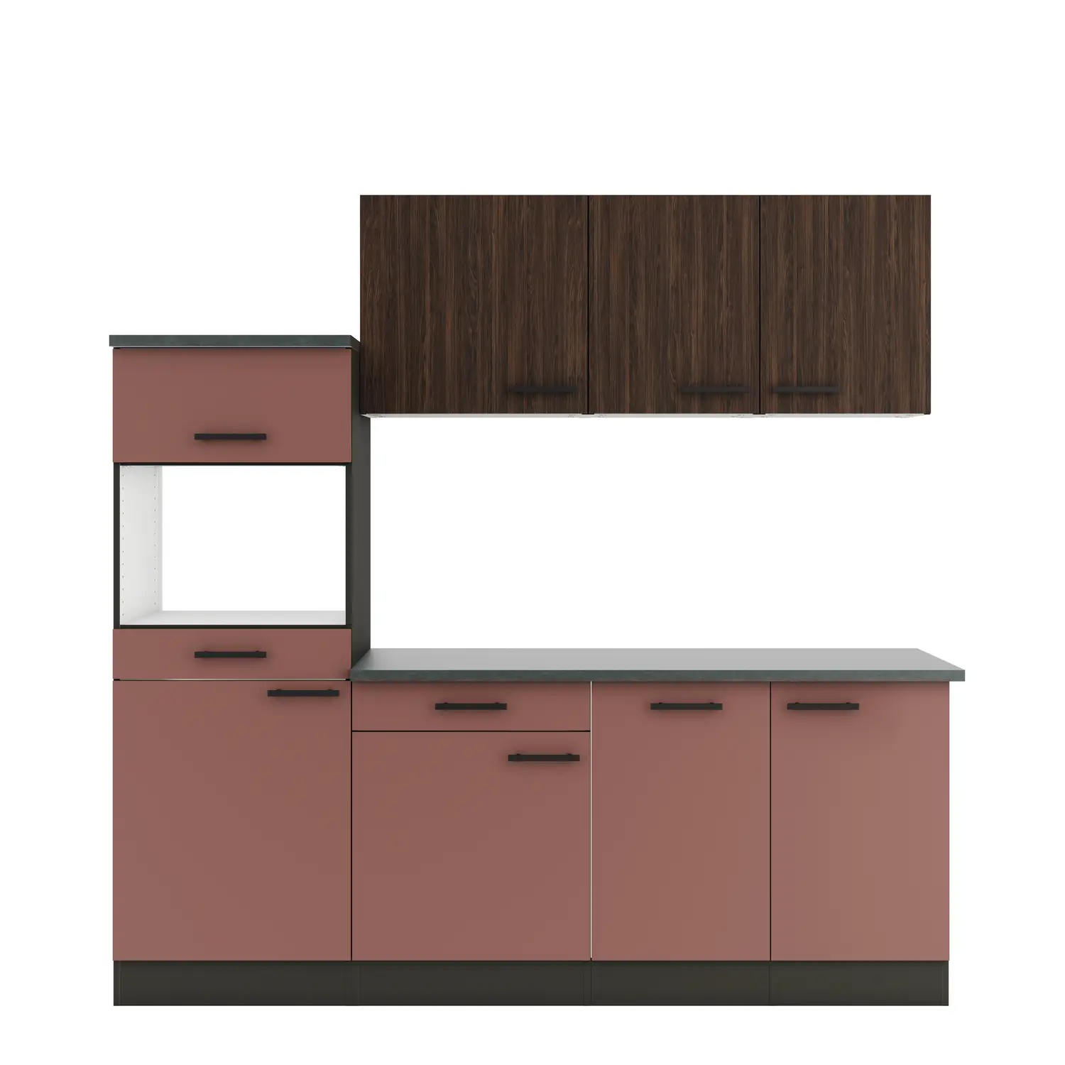 Küchenzeile Nizza / Rimini ohne Geräte 210 cm Rostrot & Nussbaum Rillendekor