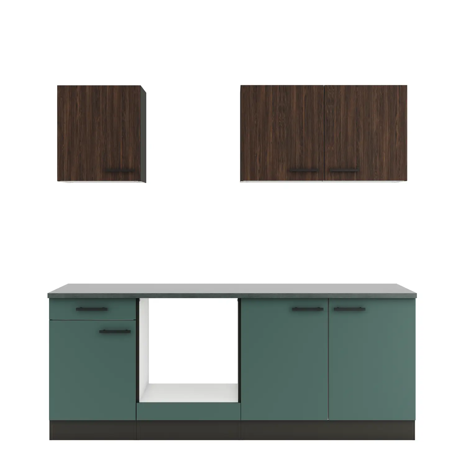 Küchenzeile OPTIFIT Verona / Rimini ohne Geräte 210 cm Steingrün & Nussbaum Rillendekor Küchenzeile OPTIFIT Verona / Rimini ohne Geräte 210 cm Steingrün & Nussbaum Rillendekor