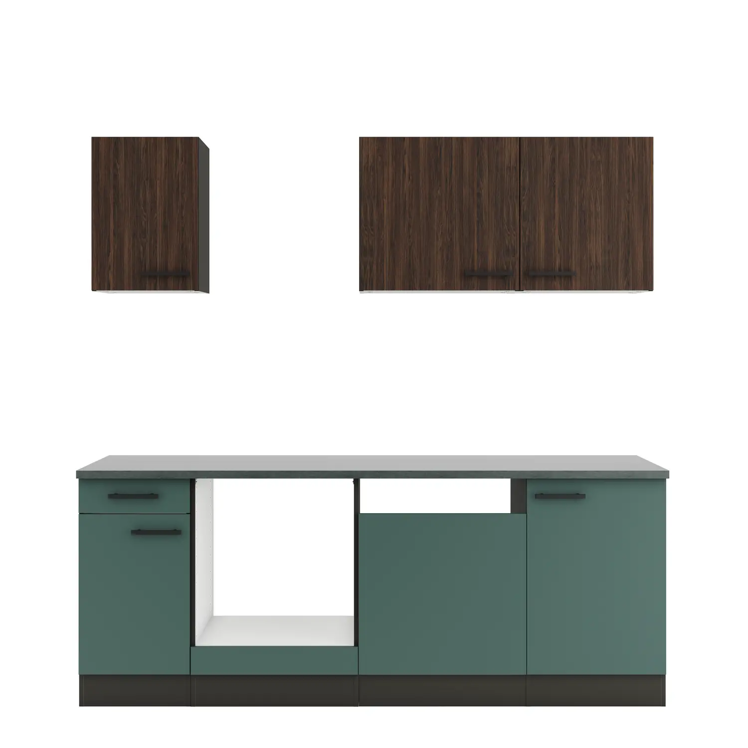 Küchenzeile Verona / Rimini ohne Geräte 210 cm Steingrün & Rillendekor Nussbaum