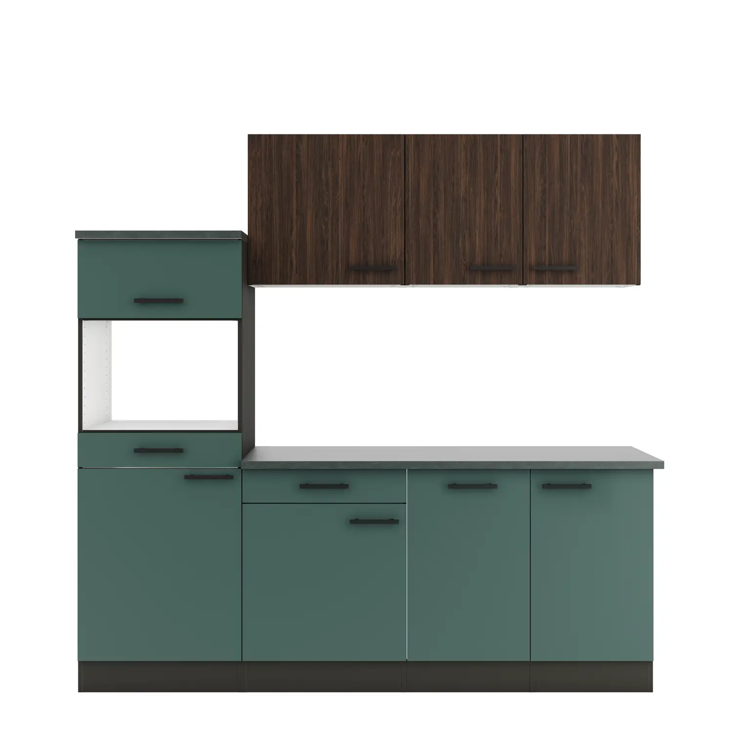 Küchenzeile ohne Geräte OPTIFIT Verona / Rimini 210 cm Steingrün & Nussbaum Rillendekor