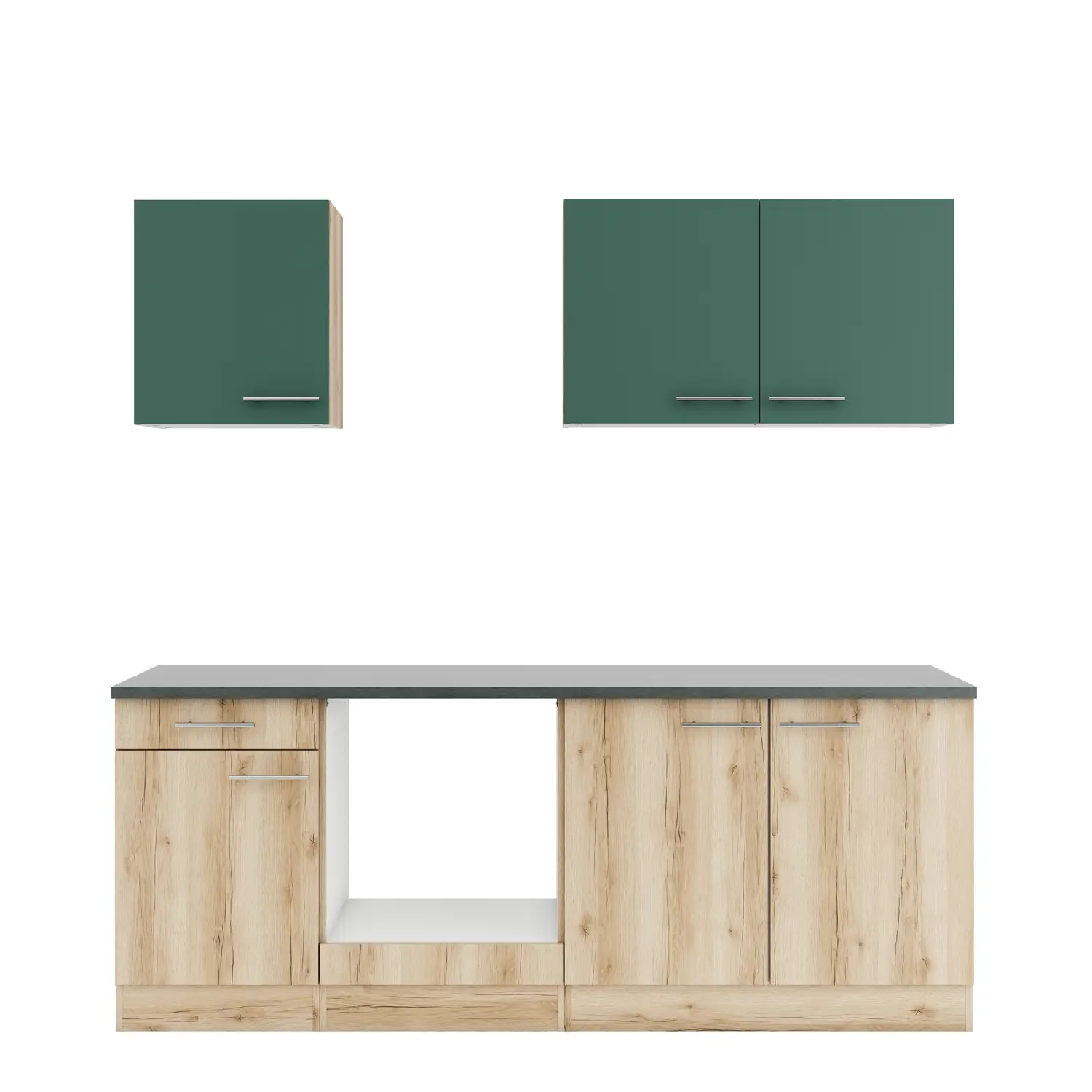 Küchenzeile ohne Geräte OPTIFIT Livorno / Savona 210 cm Wildeiche & Steingrün Küchenzeile ohne Geräte OPTIFIT Livorno / Savona 210 cm Wildeiche & Steingrün