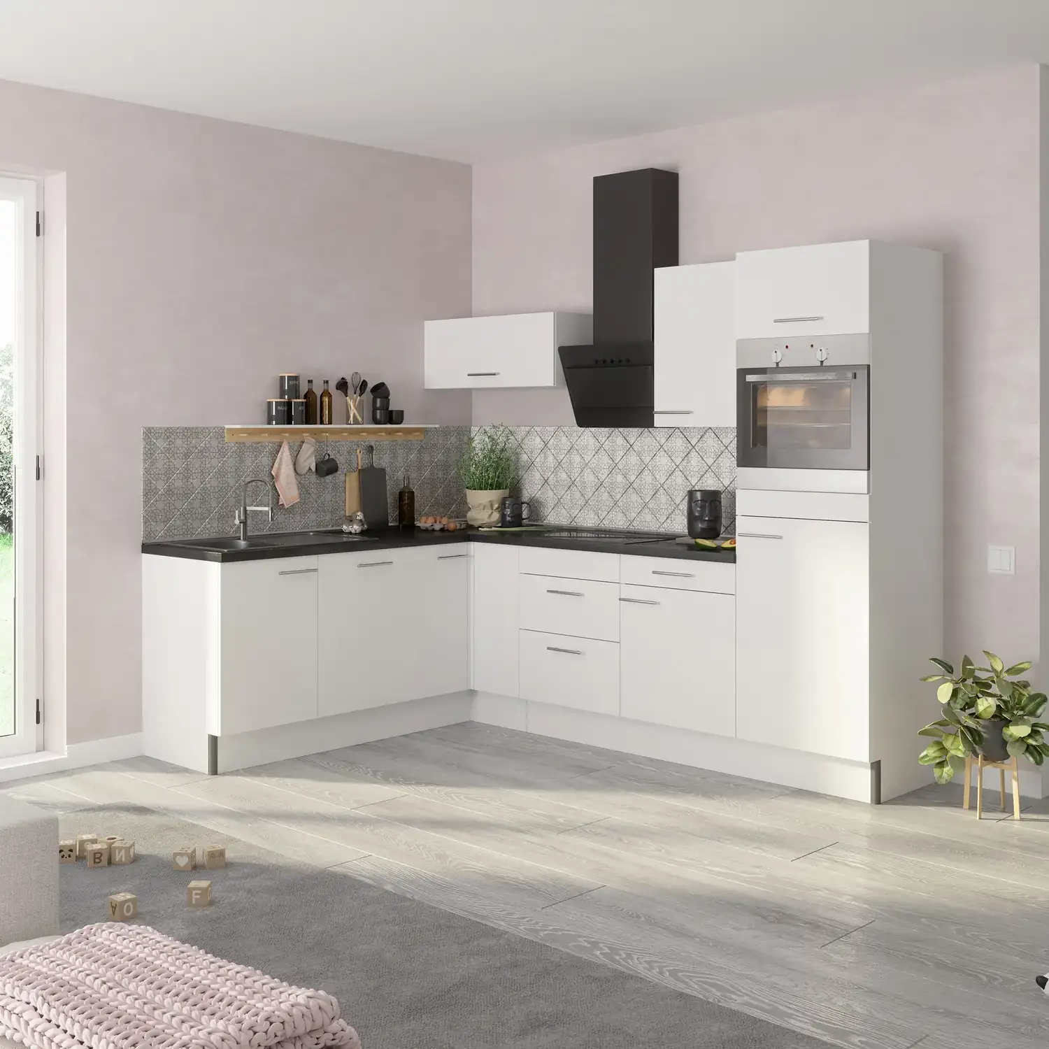 L-Form Küchenzeile mit Geräten 200 x 270 cm Weiß Glanz