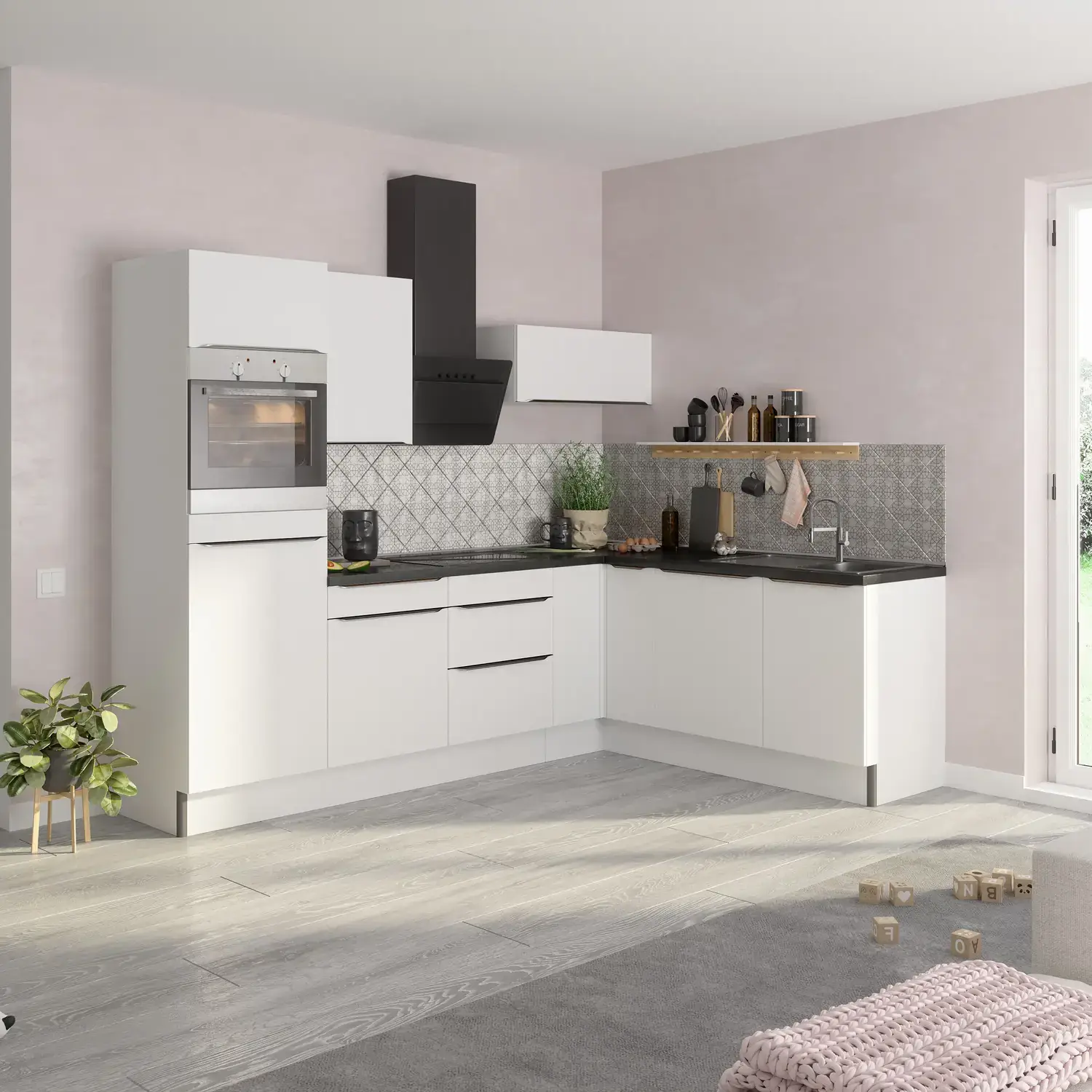 Winkelküche ohne E-Geräte OPTIFIT Arvid 270 x 200 cm Weiß Glanz