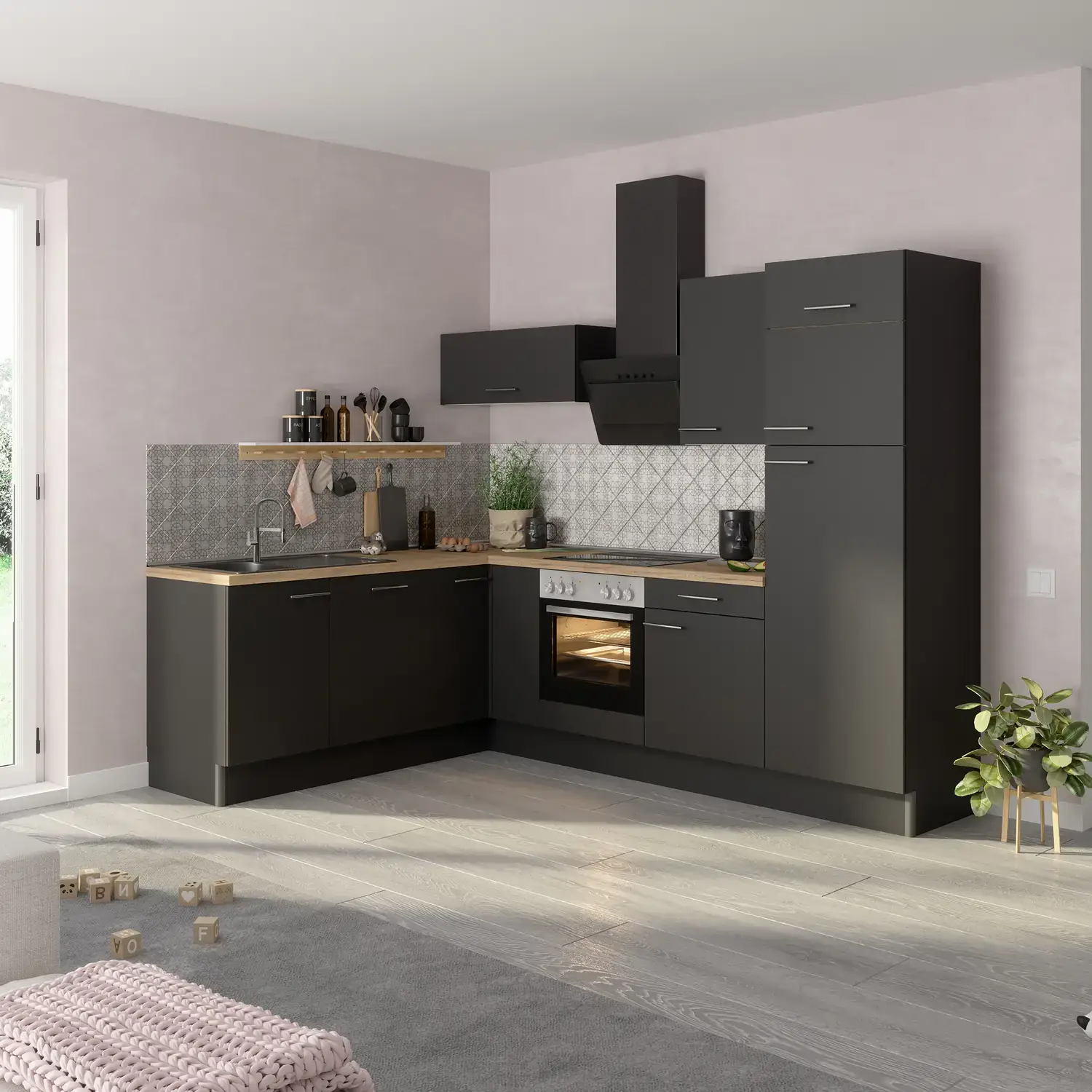 Winkelküche ohne E-Geräte OPTIFIT Ingvar 200 x 270 cm Anthrazit