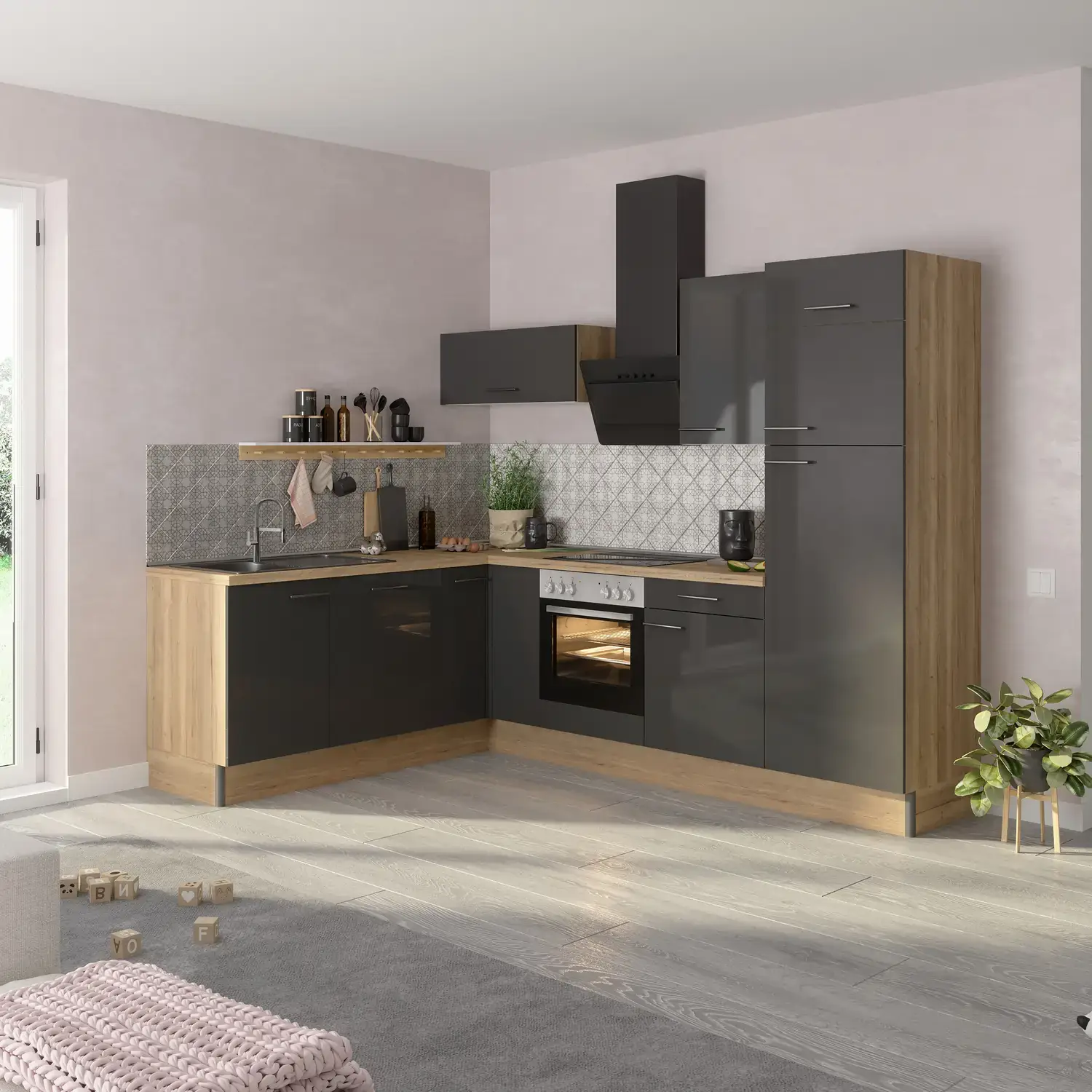 Eckküche OPTIFIT Jonte ohne Geräte 200 x 270 cm Anthrazit Glanz